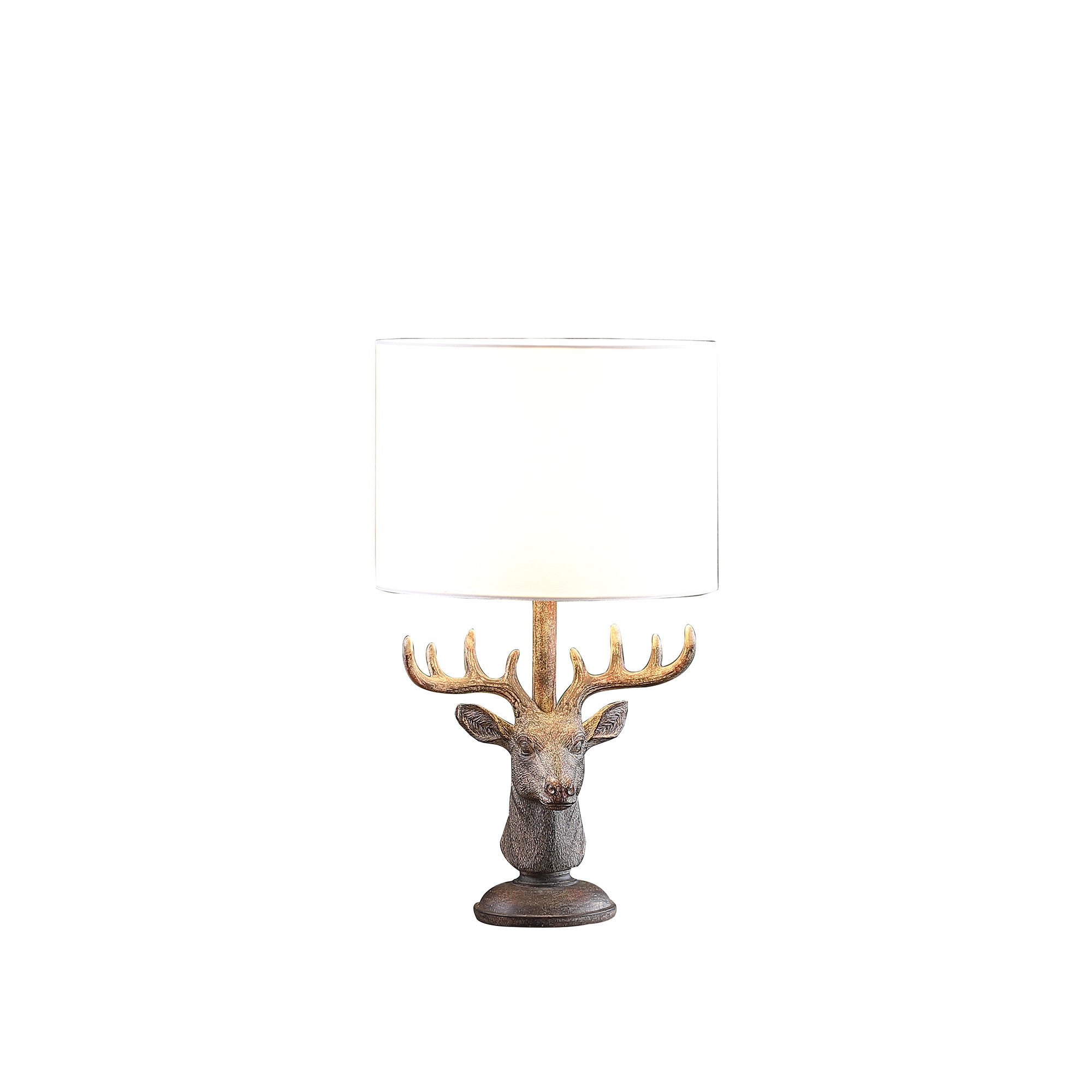 18" Antiqued Bronzed Stag Bust Table Lamp With White Drum Shade-0