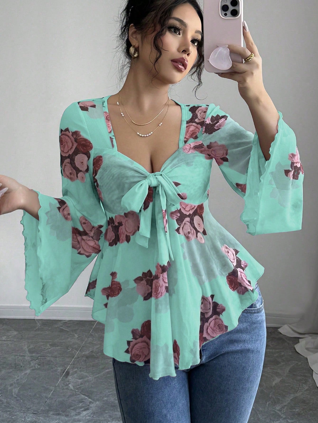 European And American Design Sense French Sweet Flower Blooming Lace-up Square Collar Long Sleeve Shirt