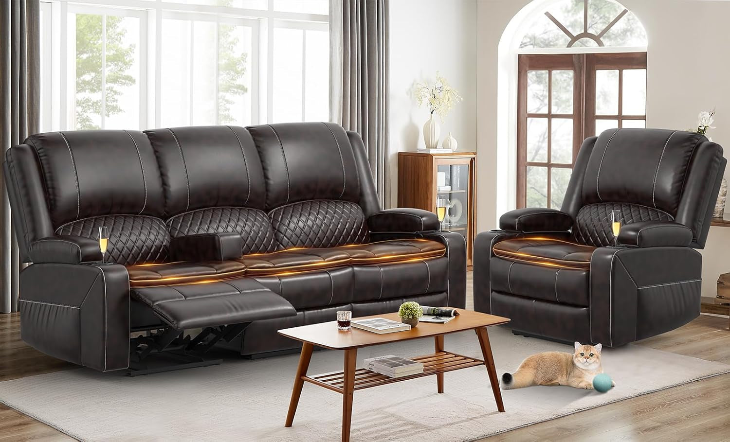 3 Seater Recliner Sofa Set with 2-Tier Cushion, 3+1 Pieces in Living Room, 3 Seater Reclining Couch Leather with Removable Console, 1 Oversize Recliner Chair Sofa Seat-0