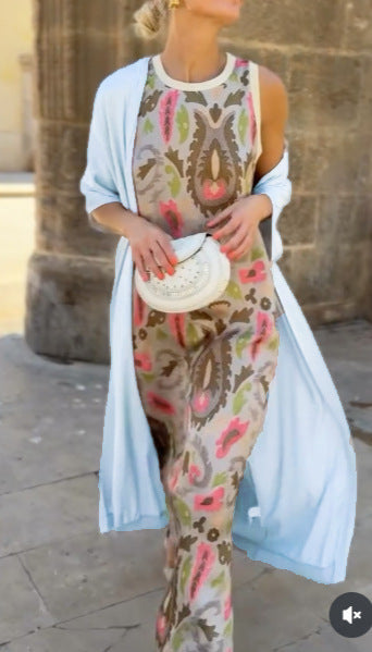 New Women's Printed Dress With Cloak Suit