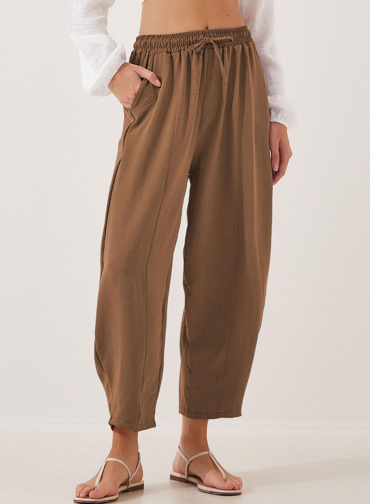 Pleated Mid-waist Straight Loose Casual Cotton And Linen Cropped Pants