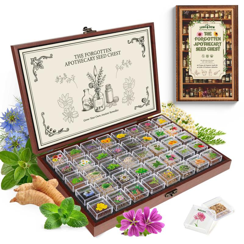 LUSH&DEW the Forgotten Apothecary Seed Chest - 40 Varieties of Non-Gmo Medicinal Herb Seeds in Elegant Wooden Display Box for Gardening Enthusiasts