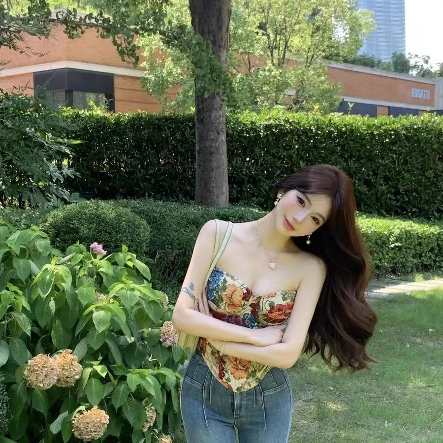 Hot Girl Oil Painting Camisole Floral Strapless Vest