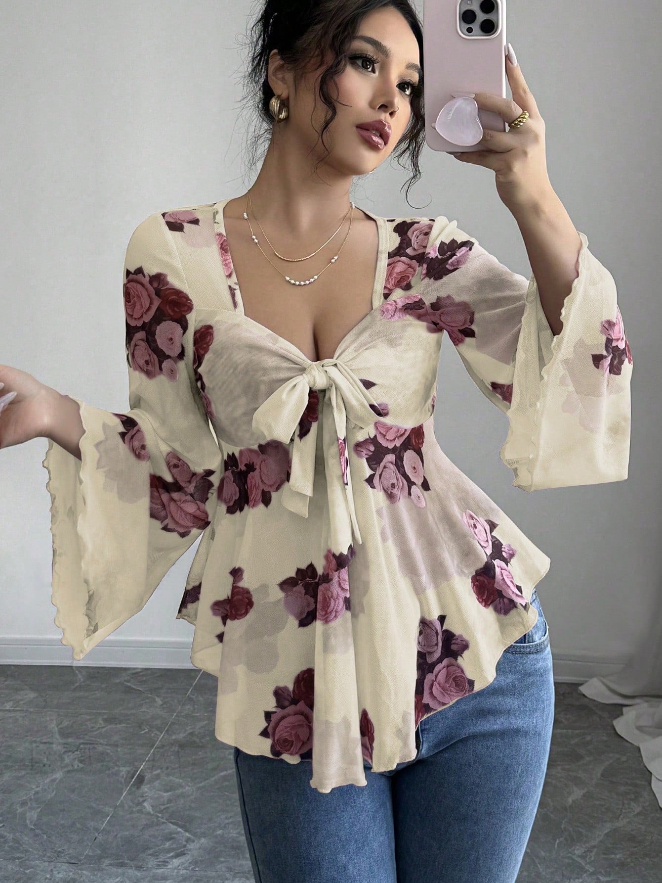 European And American Design Sense French Sweet Flower Blooming Lace-up Square Collar Long Sleeve Shirt