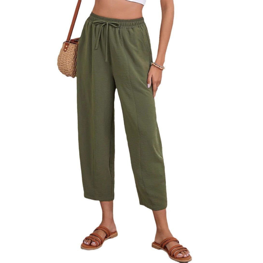 Pleated Mid-waist Straight Loose Casual Cotton And Linen Cropped Pants