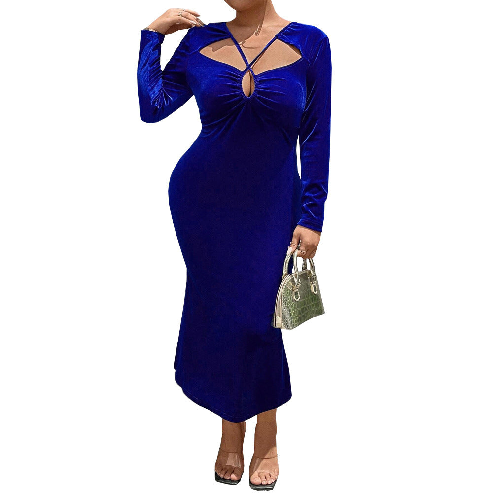 Socialite Style Korean Velvet Blue Enchantress Sexy Temperament Dress