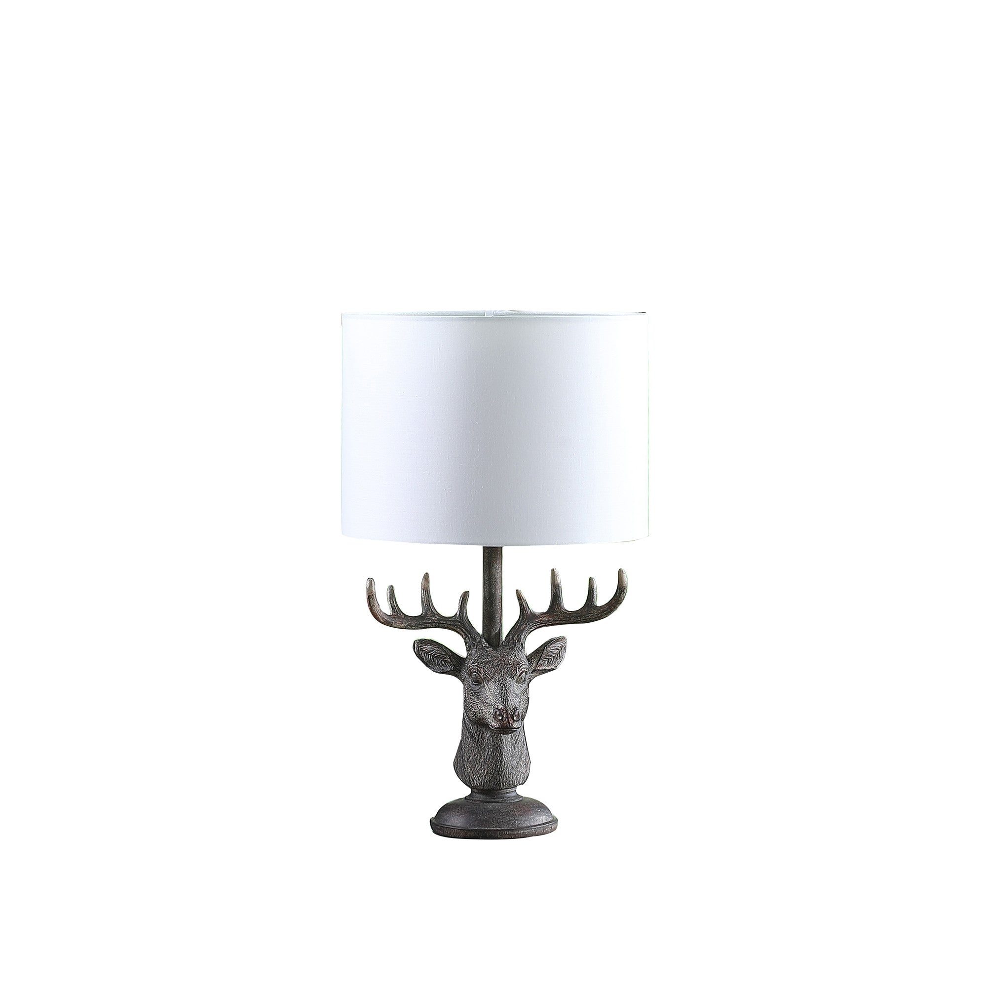 18" Antiqued Bronzed Stag Bust Table Lamp With White Drum Shade-1