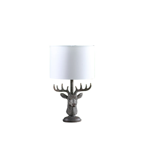 18" Antiqued Bronzed Stag Bust Table Lamp With White Drum Shade-1