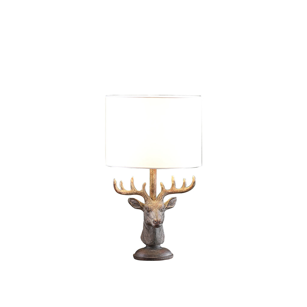18" Antiqued Bronzed Stag Bust Table Lamp With White Drum Shade-0