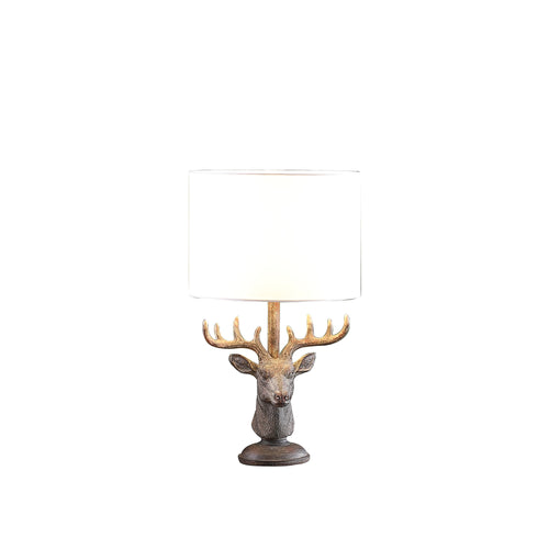 18" Antiqued Bronzed Stag Bust Table Lamp With White Drum Shade-0