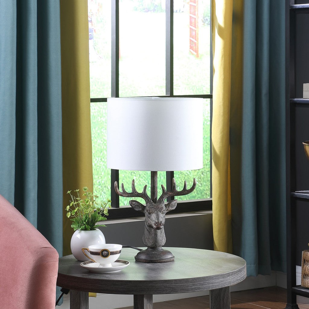 18" Antiqued Bronzed Stag Bust Table Lamp With White Drum Shade-3