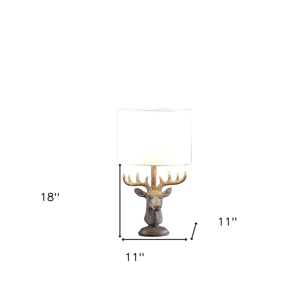 18" Antiqued Bronzed Stag Bust Table Lamp With White Drum Shade-4
