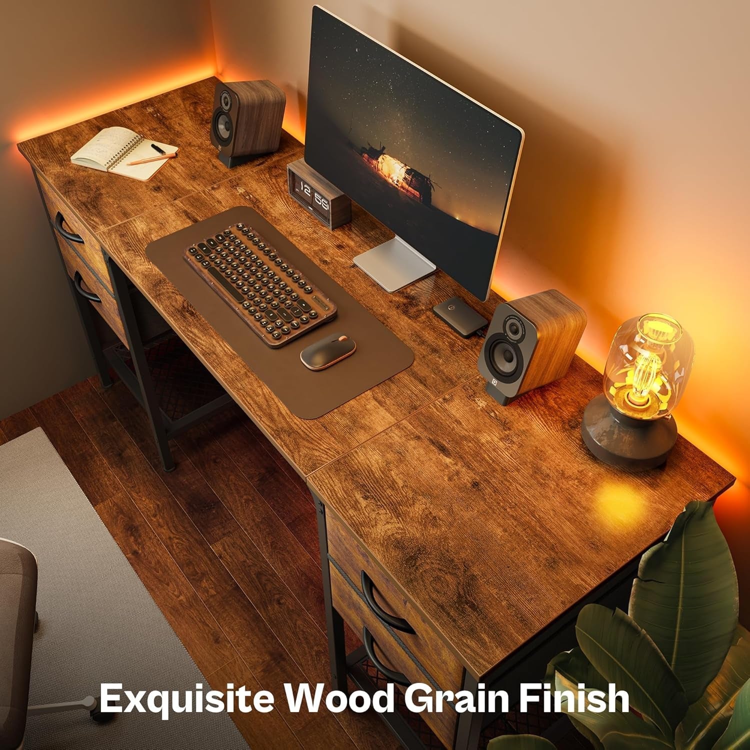 55 Inch Computer Desk with 4 Drawers, Office Desk with Mesh Shelf, Gaming Desk, Large Storage, Writing Desk Work Desk for Home Office, Study, Bedroom, Work from Home, Rustic Brown-4