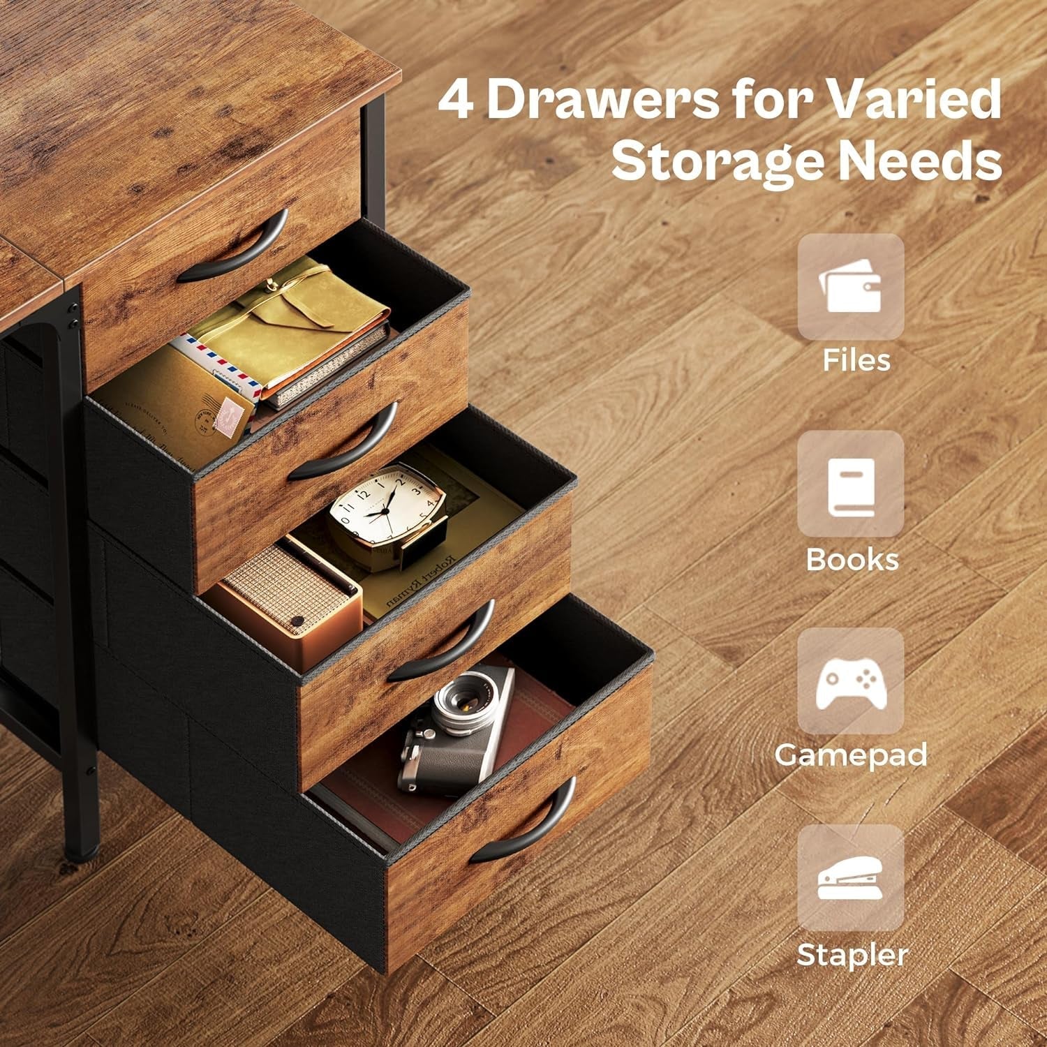 55 Inch Computer Desk with 4 Drawers, Office Desk with Mesh Shelf, Gaming Desk, Large Storage, Writing Desk Work Desk for Home Office, Study, Bedroom, Work from Home, Rustic Brown-3