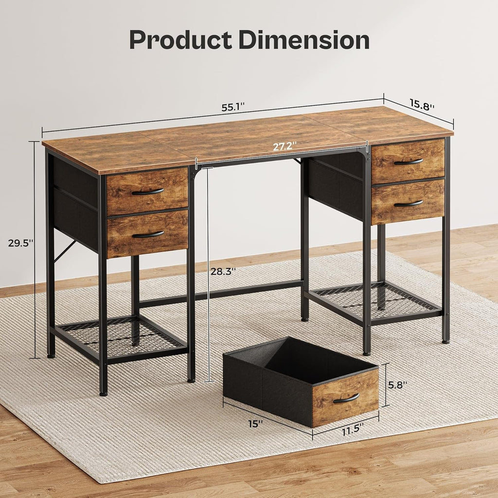 55 Inch Computer Desk with 4 Drawers, Office Desk with Mesh Shelf, Gaming Desk, Large Storage, Writing Desk Work Desk for Home Office, Study, Bedroom, Work from Home, Rustic Brown-2