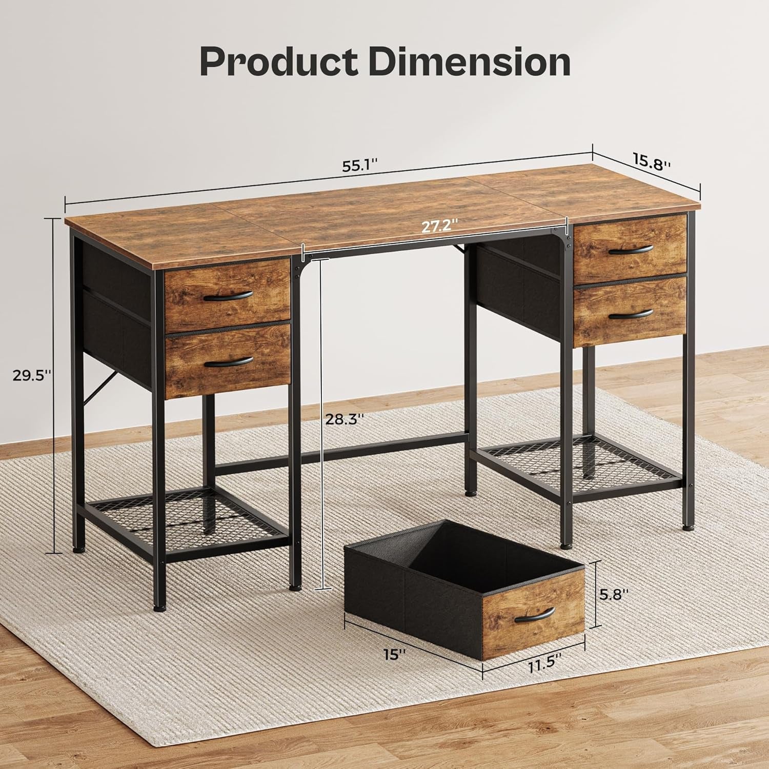 55 Inch Computer Desk with 4 Drawers, Office Desk with Mesh Shelf, Gaming Desk, Large Storage, Writing Desk Work Desk for Home Office, Study, Bedroom, Work from Home, Rustic Brown-2