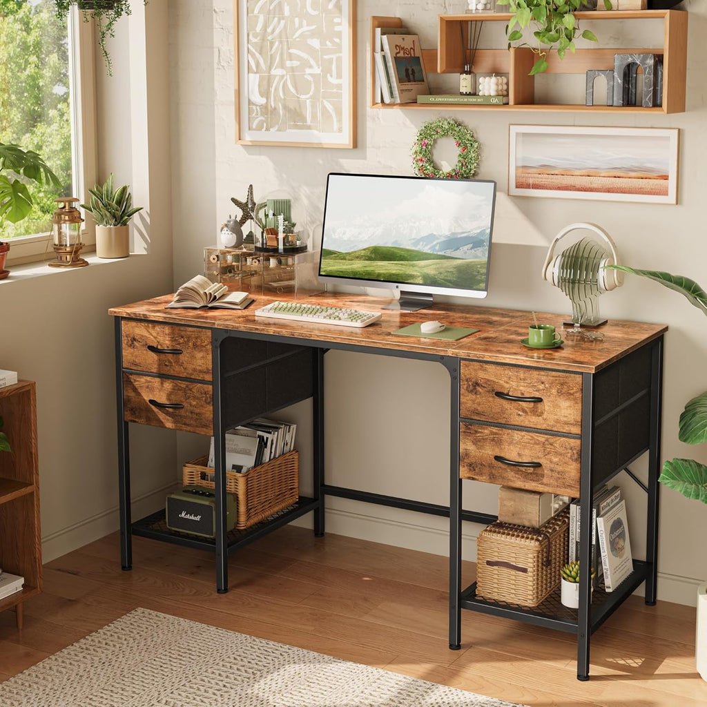 55 Inch Computer Desk with 4 Drawers, Office Desk with Mesh Shelf, Gaming Desk, Large Storage, Writing Desk Work Desk for Home Office, Study, Bedroom, Work from Home, Rustic Brown-1