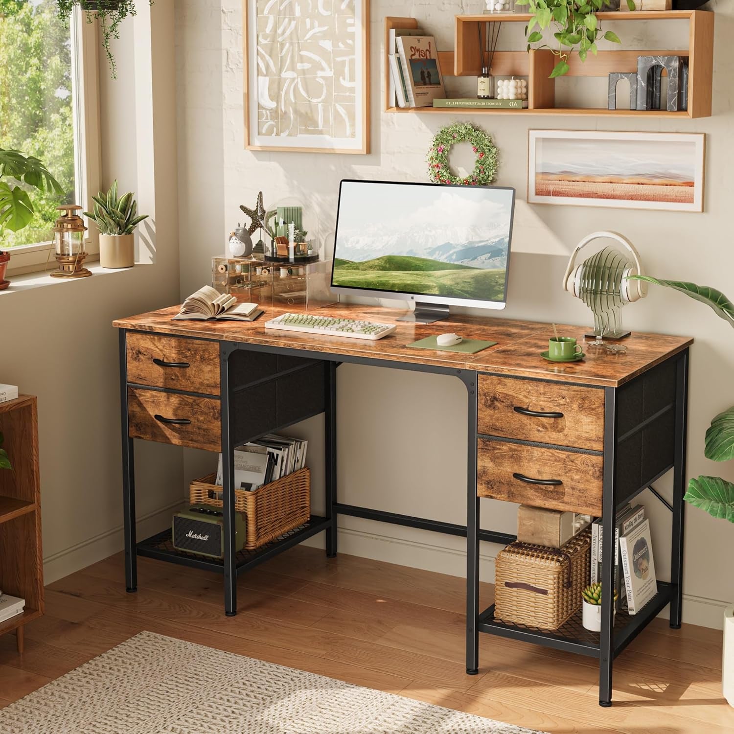 55 Inch Computer Desk with 4 Drawers, Office Desk with Mesh Shelf, Gaming Desk, Large Storage, Writing Desk Work Desk for Home Office, Study, Bedroom, Work from Home, Rustic Brown-1