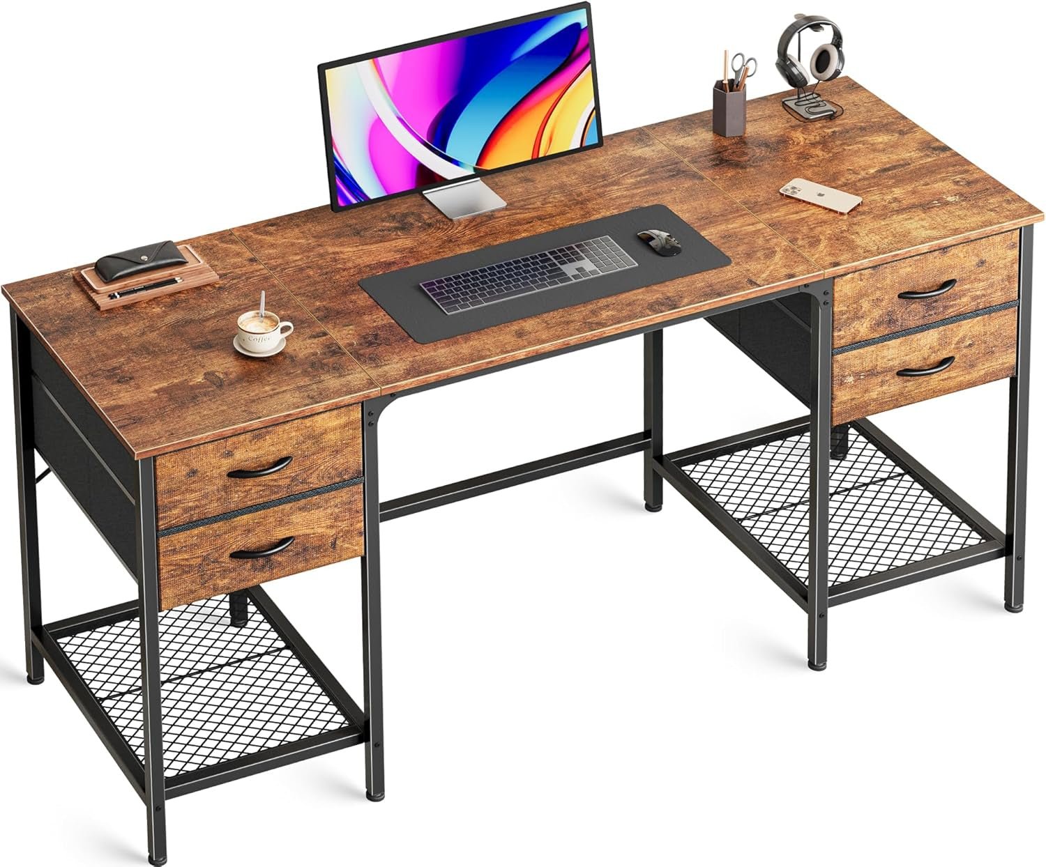55 Inch Computer Desk with 4 Drawers, Office Desk with Mesh Shelf, Gaming Desk, Large Storage, Writing Desk Work Desk for Home Office, Study, Bedroom, Work from Home, Rustic Brown-0