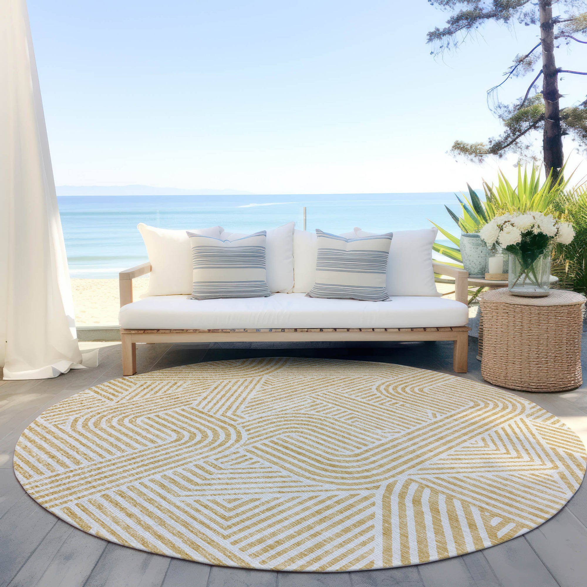 8' Gold And Beige Round Abstract Washable Indoor Outdoor Area Rug-6