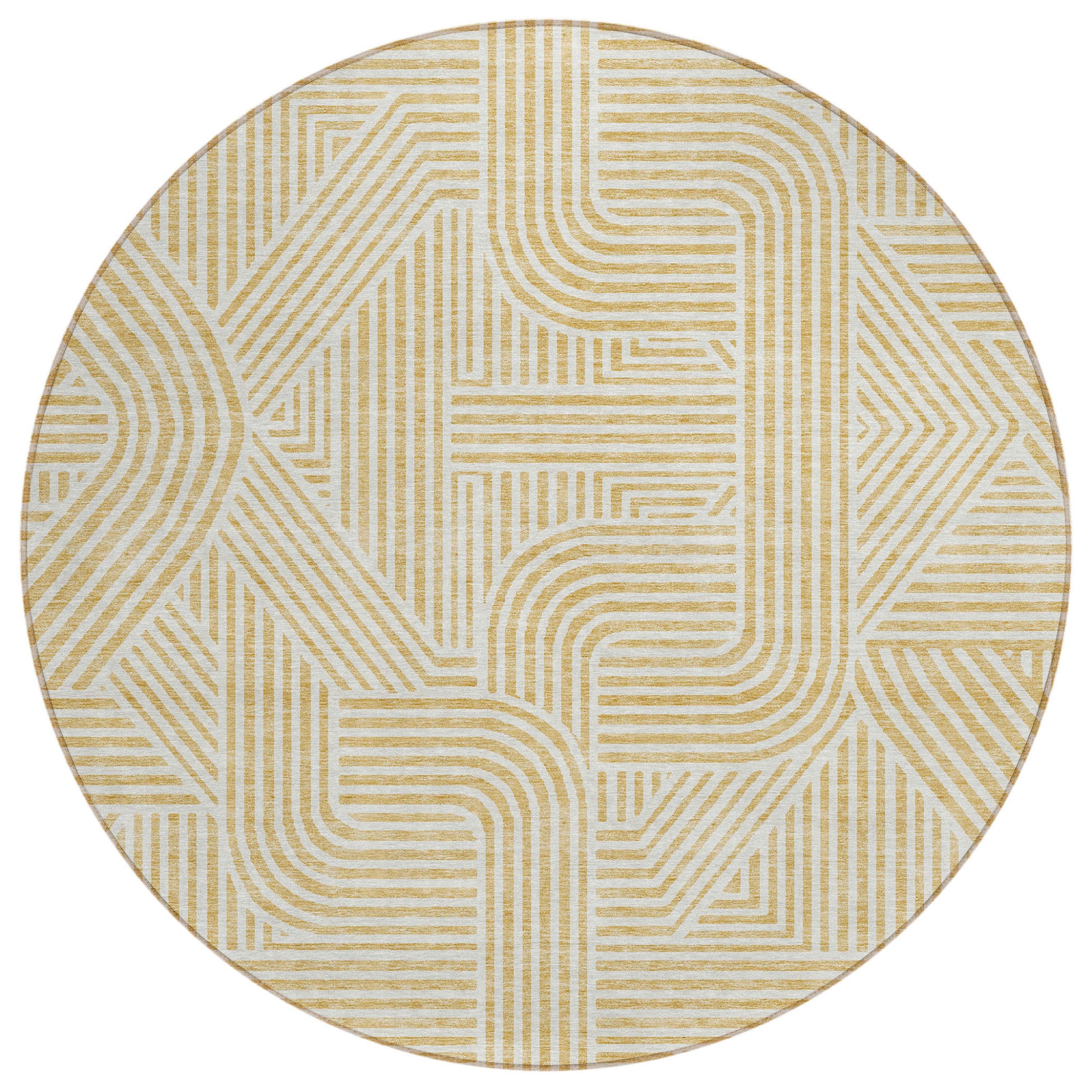 8' Gold And Beige Round Abstract Washable Indoor Outdoor Area Rug-1