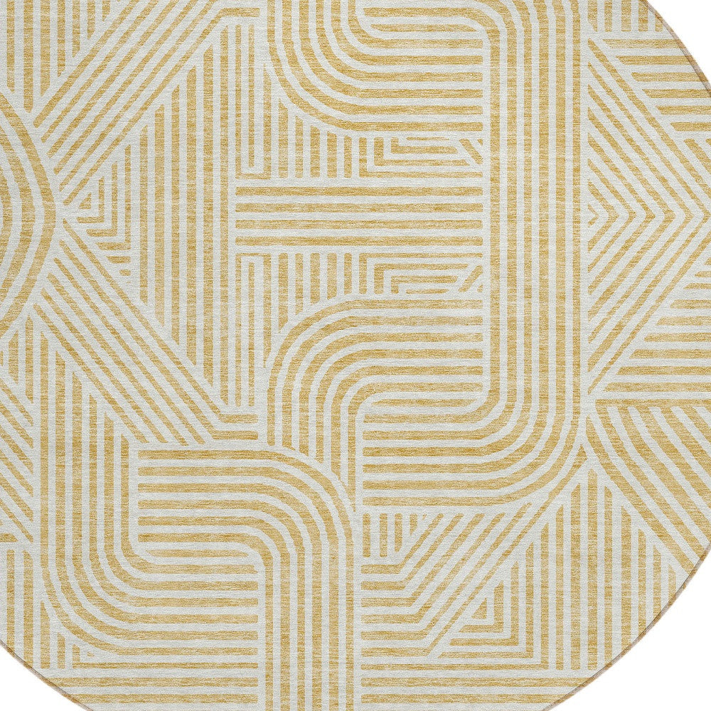 8' Gold And Beige Round Abstract Washable Indoor Outdoor Area Rug-4