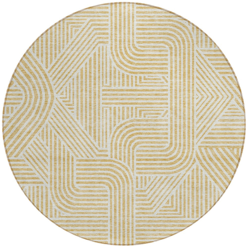8' Gold And Beige Round Abstract Washable Indoor Outdoor Area Rug-5