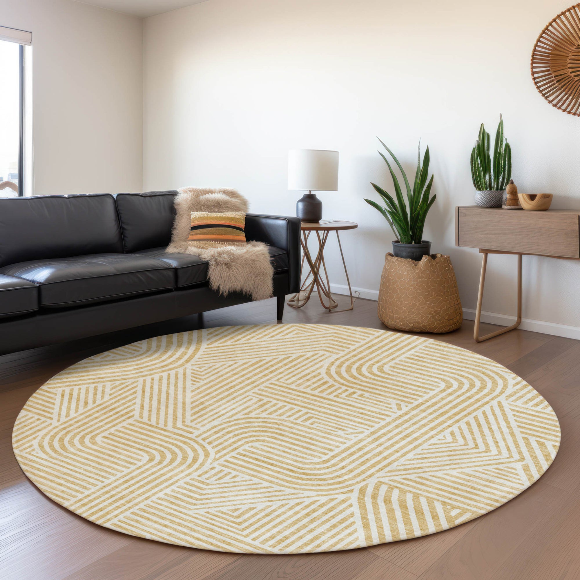 8' Gold And Beige Round Abstract Washable Indoor Outdoor Area Rug-7