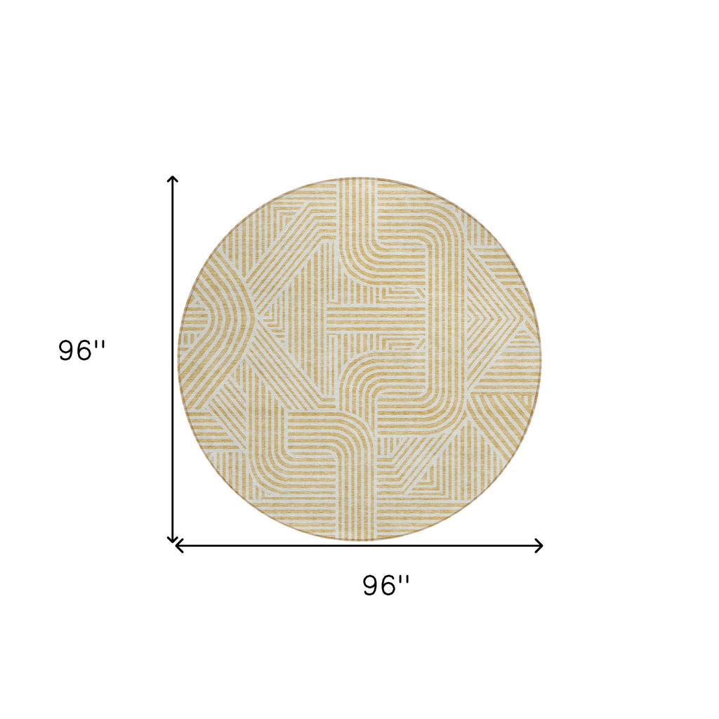 8' Gold And Beige Round Abstract Washable Indoor Outdoor Area Rug-2