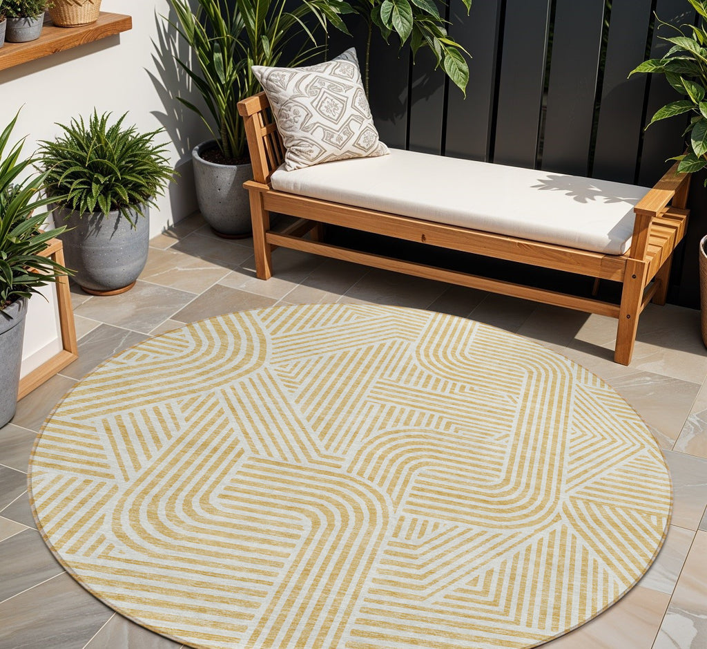 8' Gold And Beige Round Abstract Washable Indoor Outdoor Area Rug-0