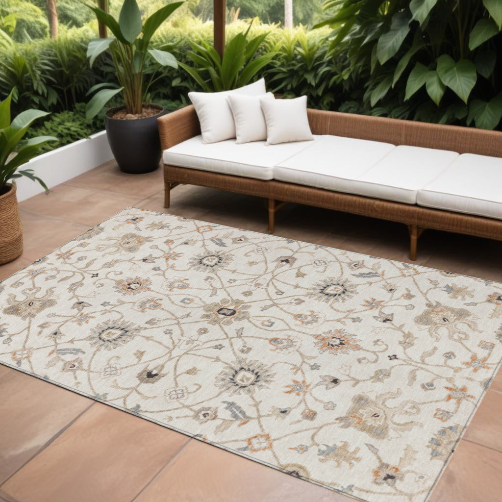 8' X 10' Ivory Brown And Coral Floral Washable Indoor Outdoor Area Rug-0
