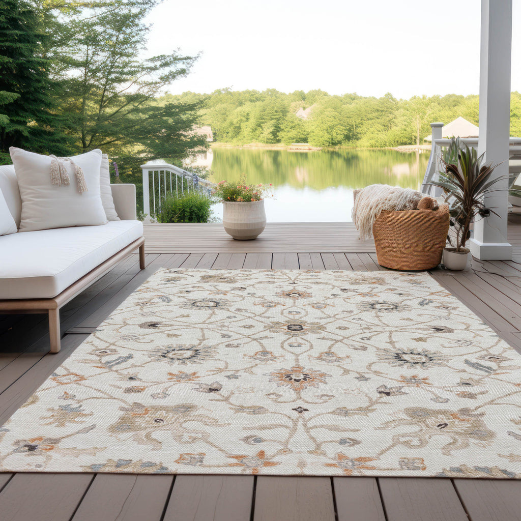 8' X 10' Ivory Brown And Coral Floral Washable Indoor Outdoor Area Rug-7