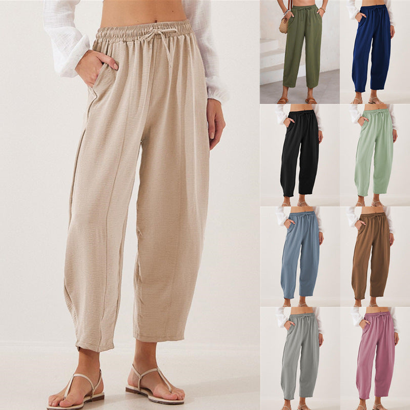Pleated Mid-waist Straight Loose Casual Cotton And Linen Cropped Pants