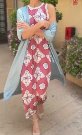 New Women's Printed Dress With Cloak Suit
