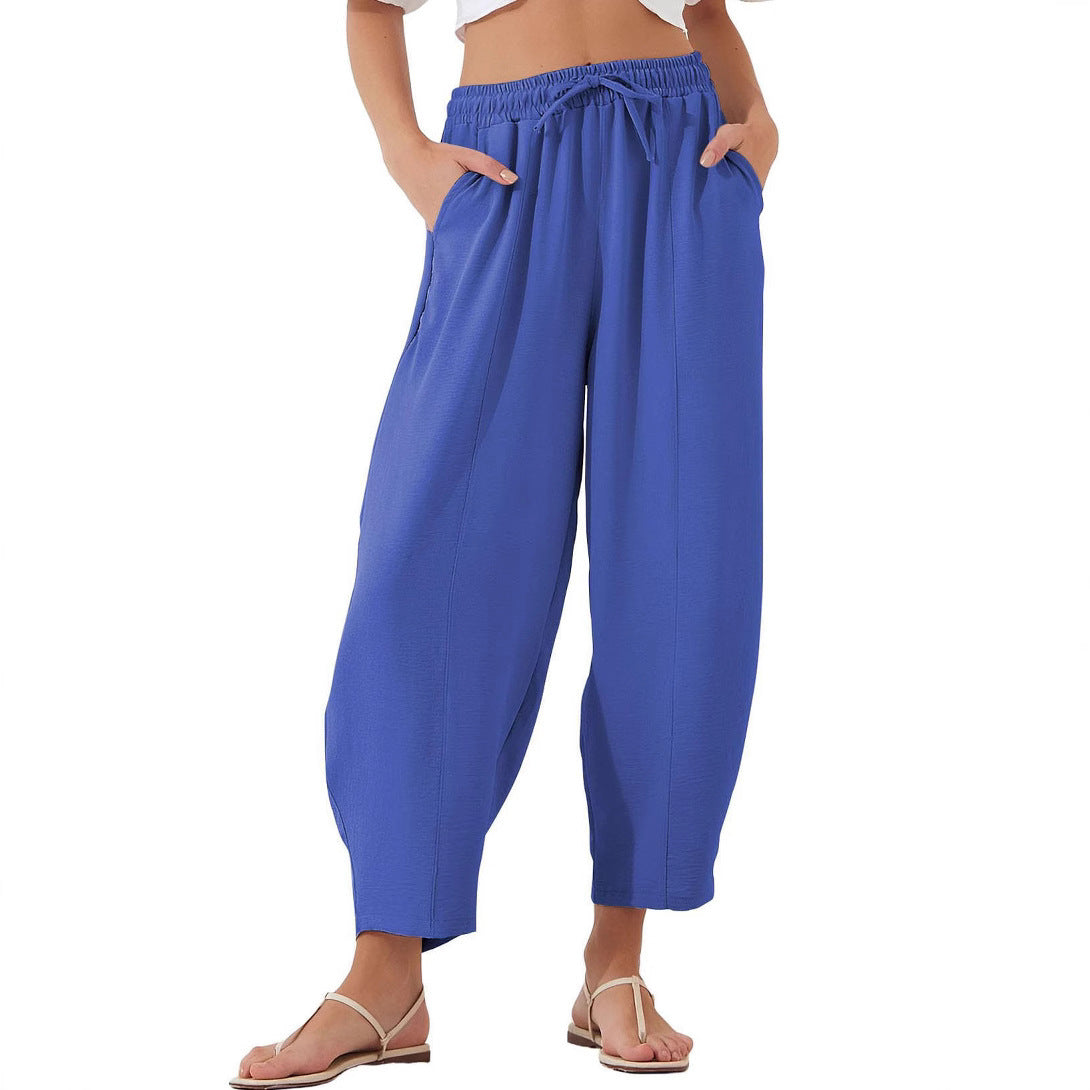 Pleated Mid-waist Straight Loose Casual Cotton And Linen Cropped Pants