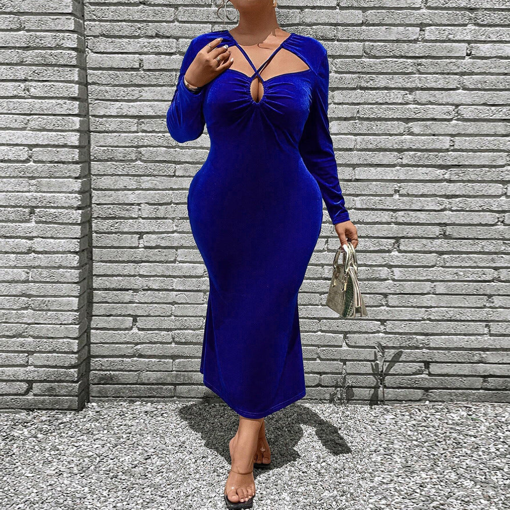 Socialite Style Korean Velvet Blue Enchantress Sexy Temperament Dress