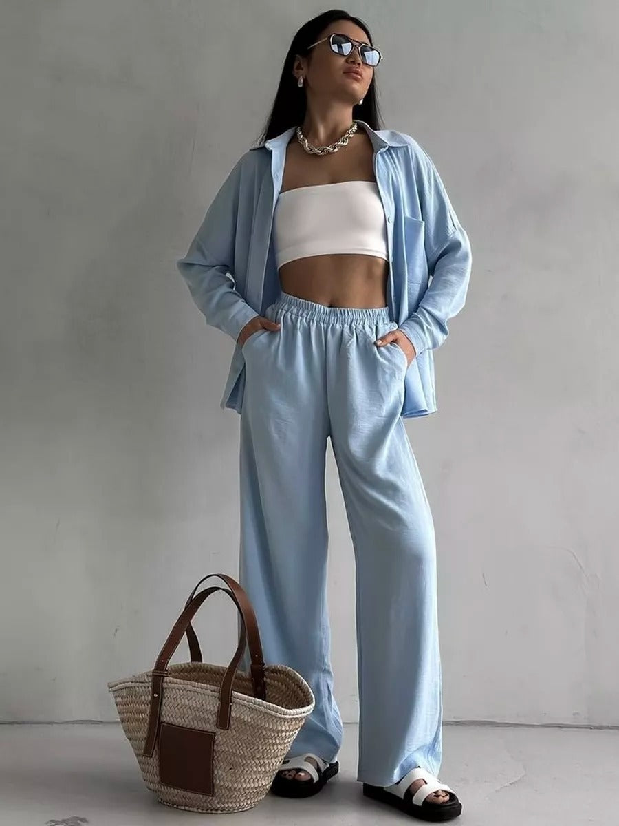 Women's Solid Color Cardigan Pocket Casual Wide-leg Trousers Suit