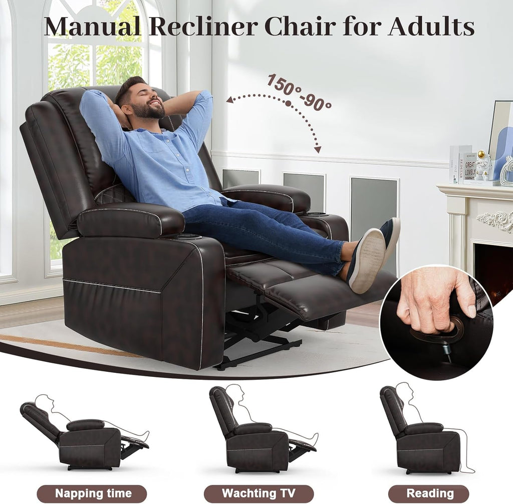 3 Seater Recliner Sofa Set with 2-Tier Cushion, 3+1 Pieces in Living Room, 3 Seater Reclining Couch Leather with Removable Console, 1 Oversize Recliner Chair Sofa Seat-3
