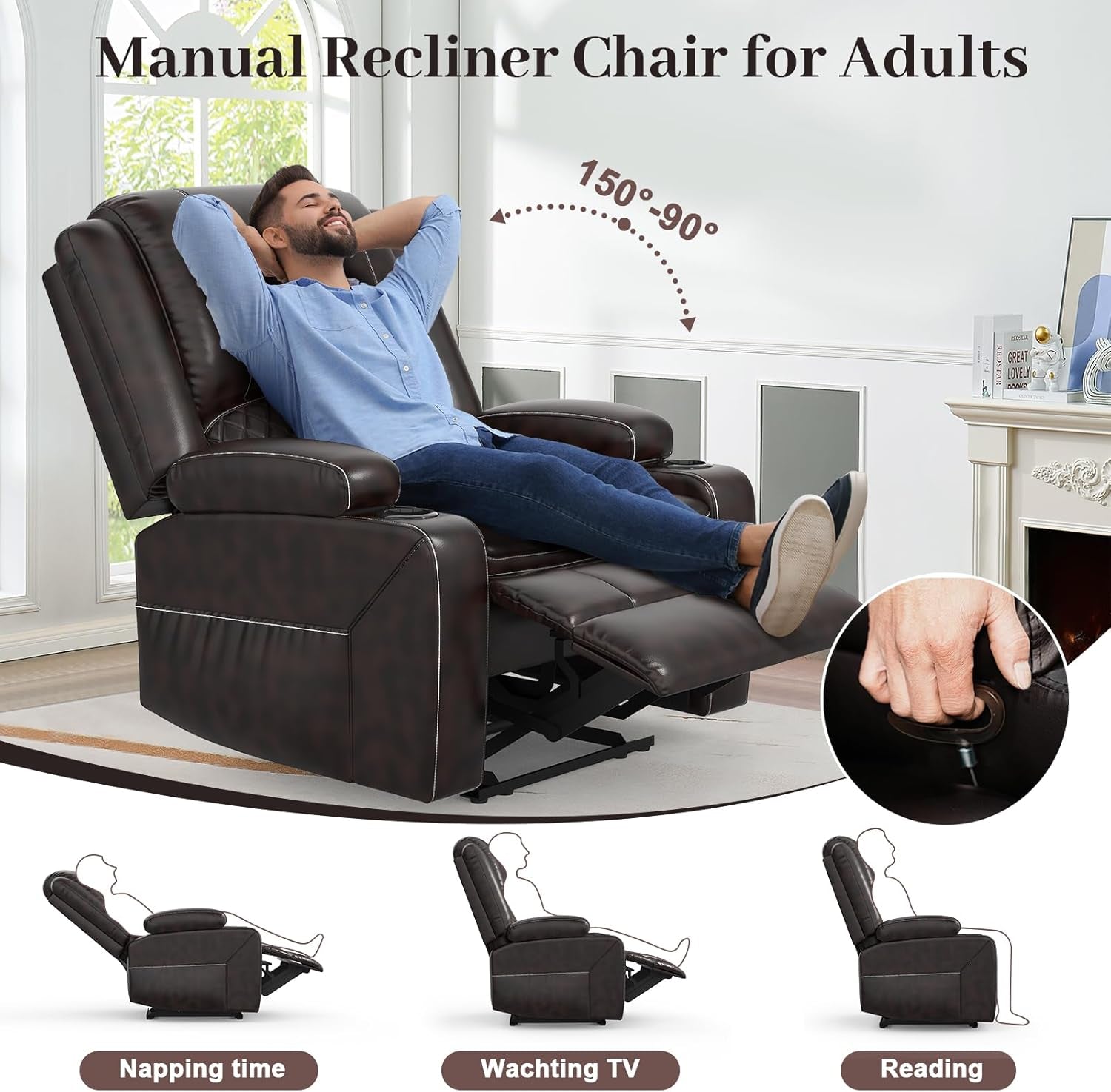 3 Seater Recliner Sofa Set with 2-Tier Cushion, 3+1 Pieces in Living Room, 3 Seater Reclining Couch Leather with Removable Console, 1 Oversize Recliner Chair Sofa Seat-3