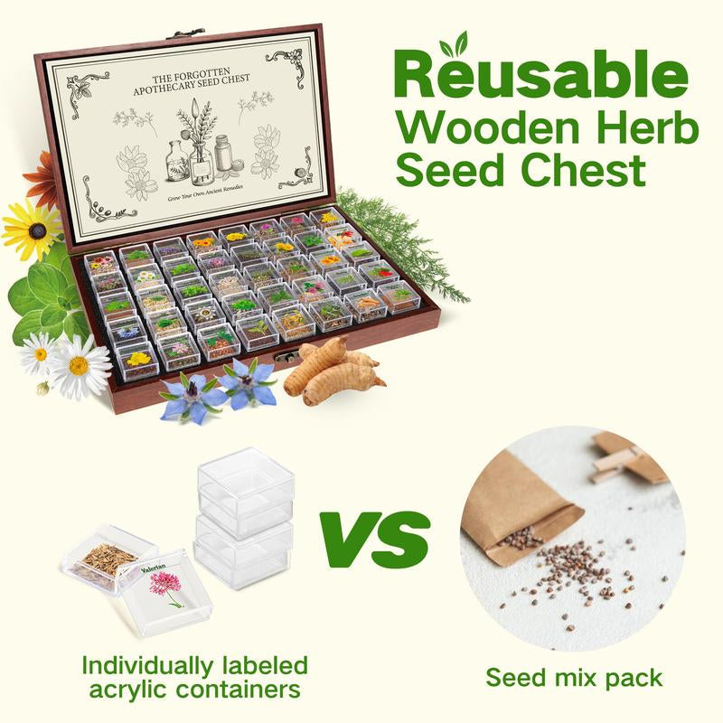 LUSH&DEW the Forgotten Apothecary Seed Chest - 40 Varieties of Non-Gmo Medicinal Herb Seeds in Elegant Wooden Display Box for Gardening Enthusiasts