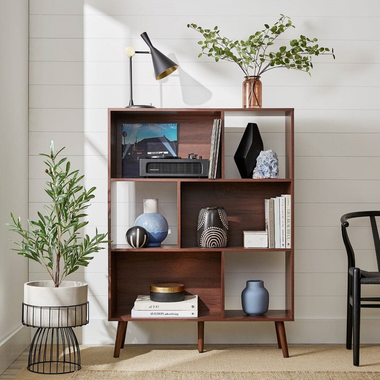 Mid Century Style Bookcase Storage Shelving Unit in Walnut Wood Finish-0