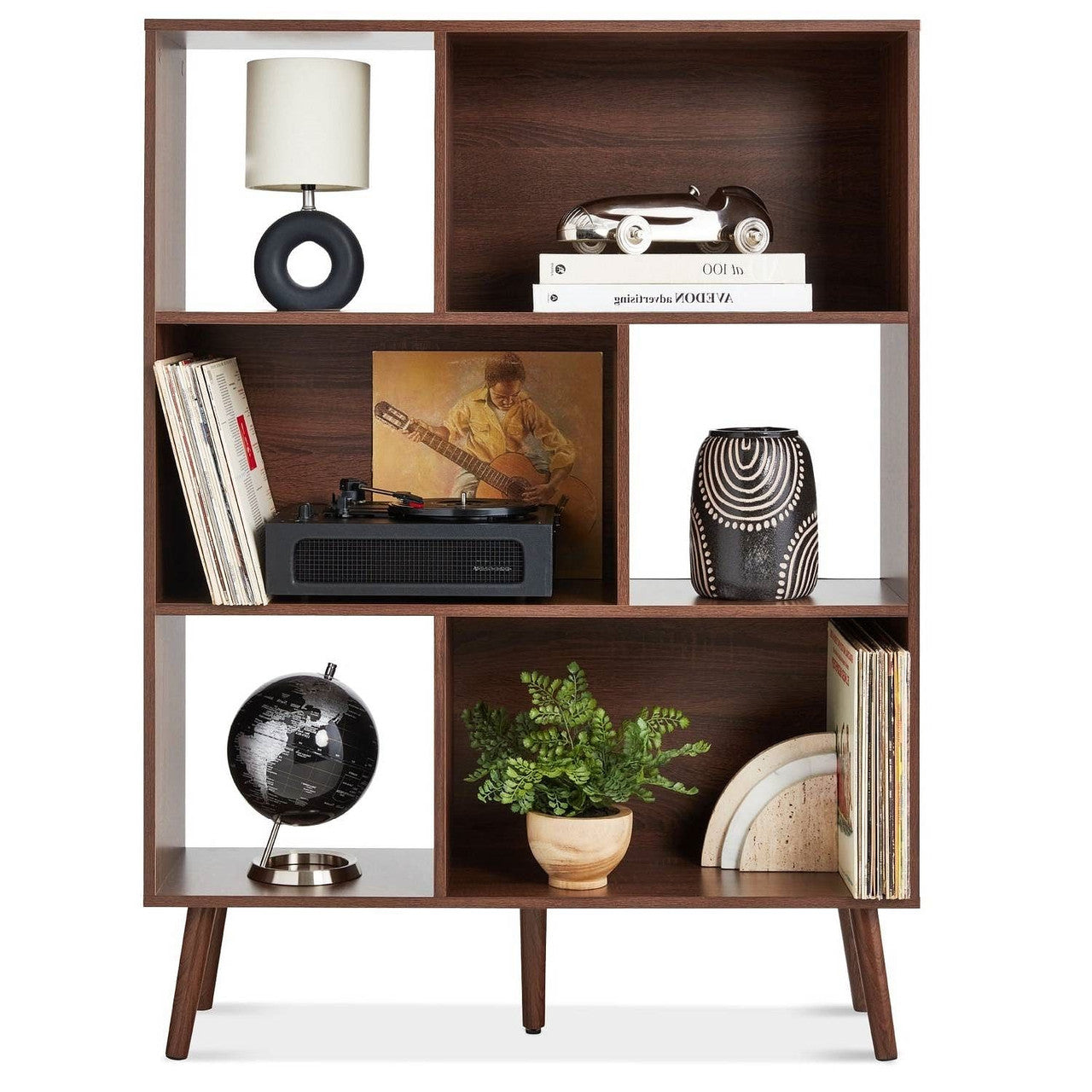 Mid Century Style Bookcase Storage Shelving Unit in Walnut Wood Finish-2