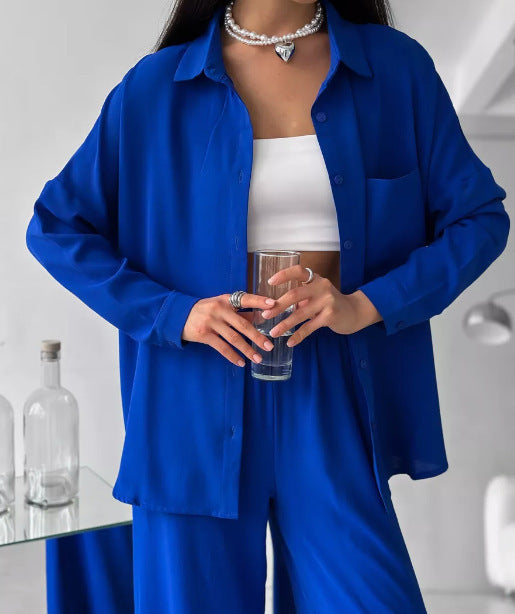 Women's Solid Color Cardigan Pocket Casual Wide-leg Trousers Suit