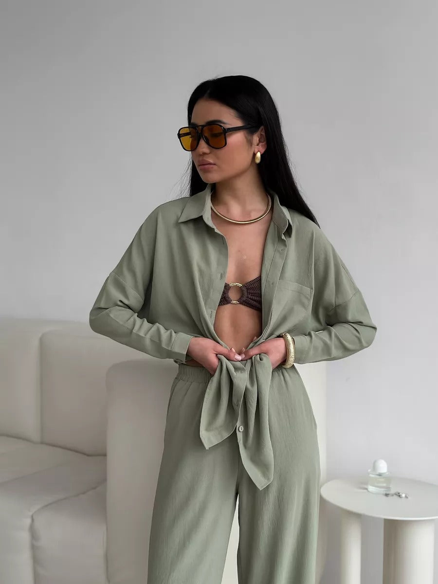 Women's Solid Color Cardigan Pocket Casual Wide-leg Trousers Suit