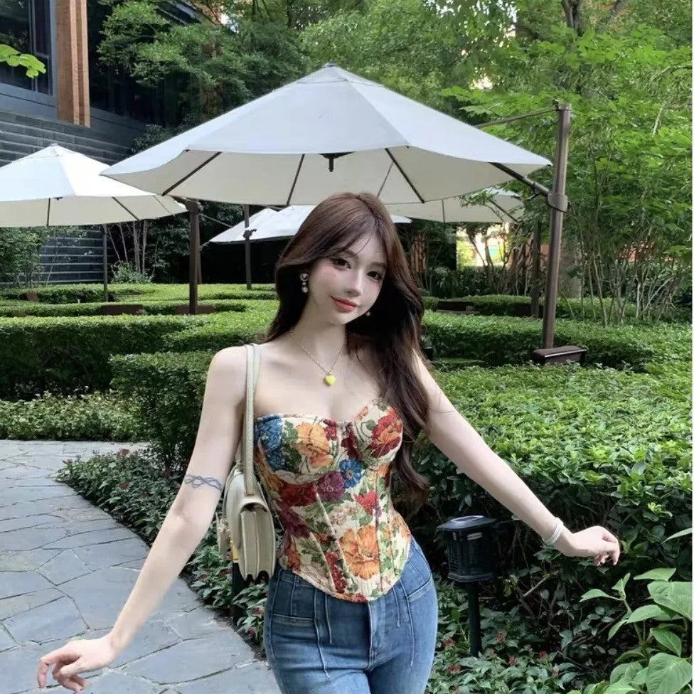 Hot Girl Oil Painting Camisole Floral Strapless Vest