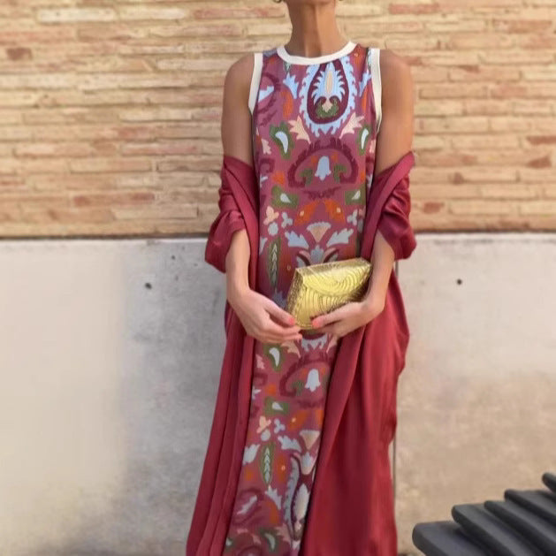 New Women's Printed Dress With Cloak Suit