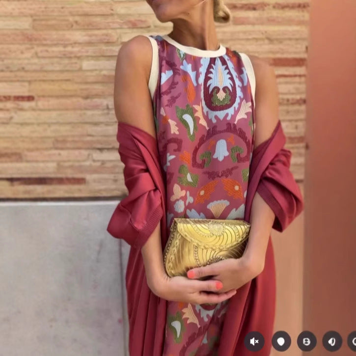 New Women's Printed Dress With Cloak Suit