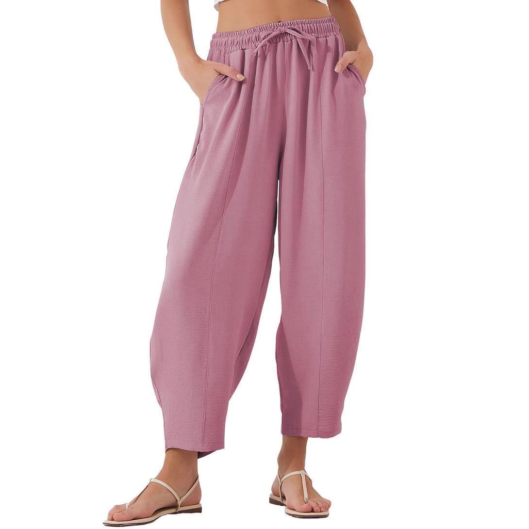 Pleated Mid-waist Straight Loose Casual Cotton And Linen Cropped Pants