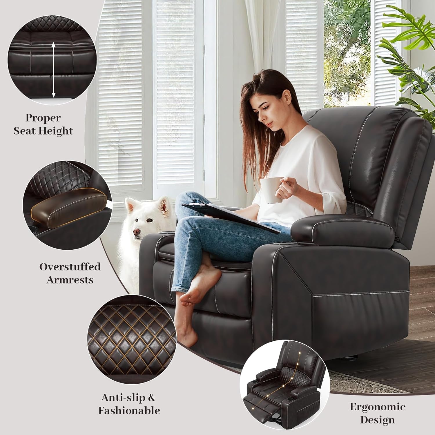 3 Seater Recliner Sofa Set with 2-Tier Cushion, 3+1 Pieces in Living Room, 3 Seater Reclining Couch Leather with Removable Console, 1 Oversize Recliner Chair Sofa Seat-2