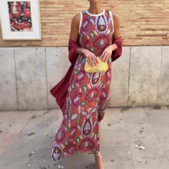 New Women's Printed Dress With Cloak Suit
